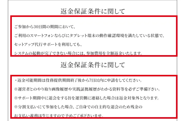 ALBAの返金保証条件。参加から30日間で、セットアップ代行サポートを利用してもシステムの起動が完了できない場合に全額返金と書かれている